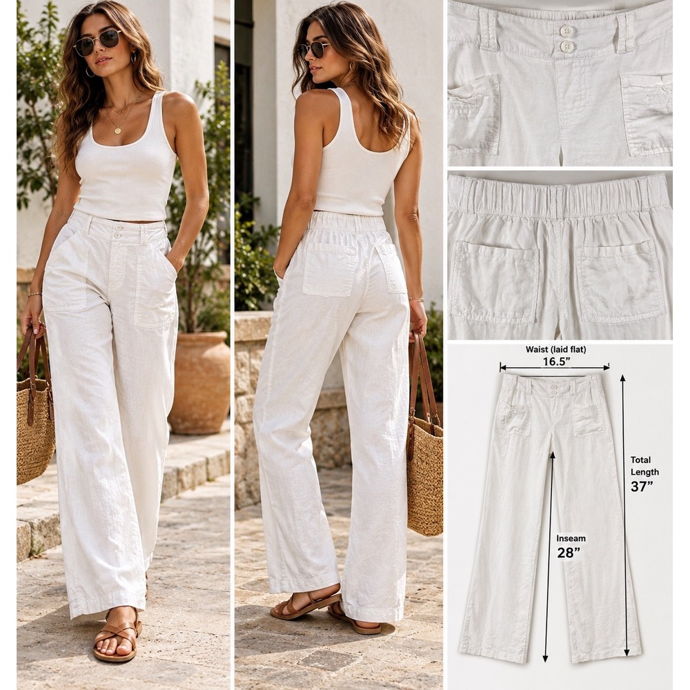 SO White Linen Blend Pants M Wide Leg Coastal Resort Beach Quiet Luxury Vacation